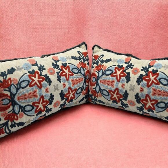 Set of 2 Embroidered Fringed Bold Floral Lumbar Throw Pillows Approx. 24x13x4" - Picture 4 of 16